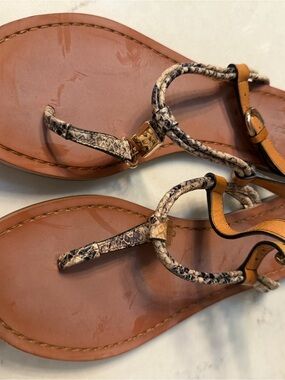 Women’s Tan Leather Sandals with Snake-Print Straps